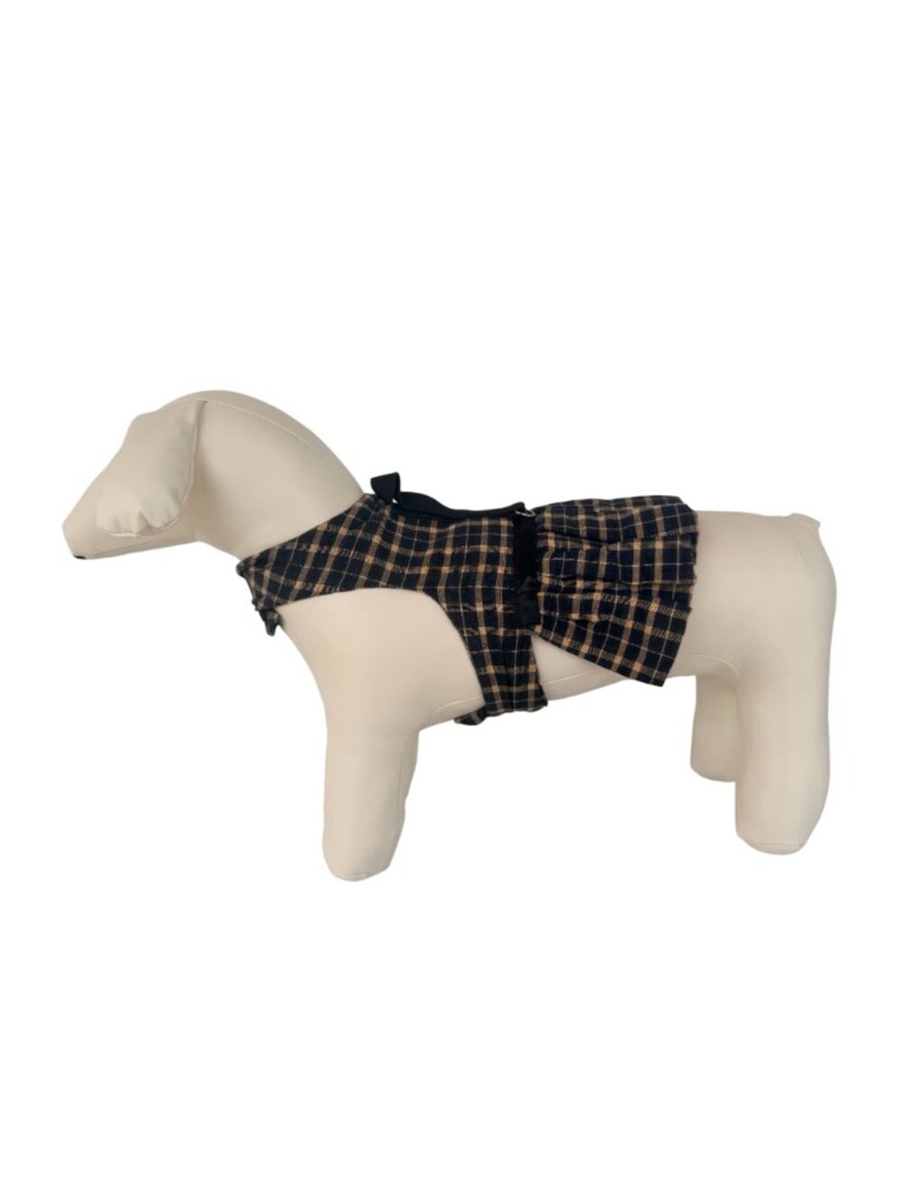 Handmade Small Dog Adjustable Dress Outfit w Harness Plaid Beige & Black - Picture 4 of 5